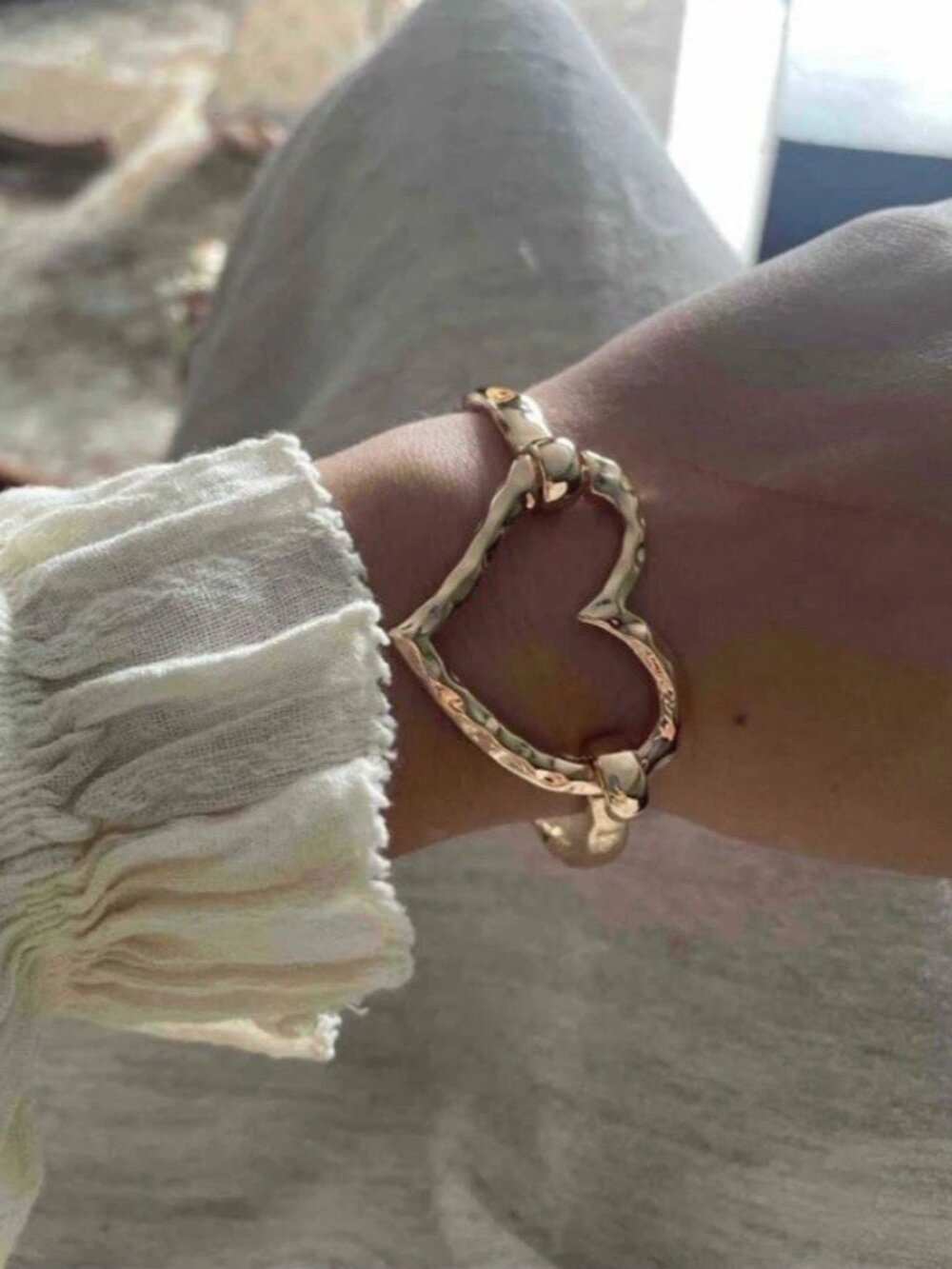 Gold Plated hammered Heart bangle bracelet cuff Stainles Steel Womens jewelry
